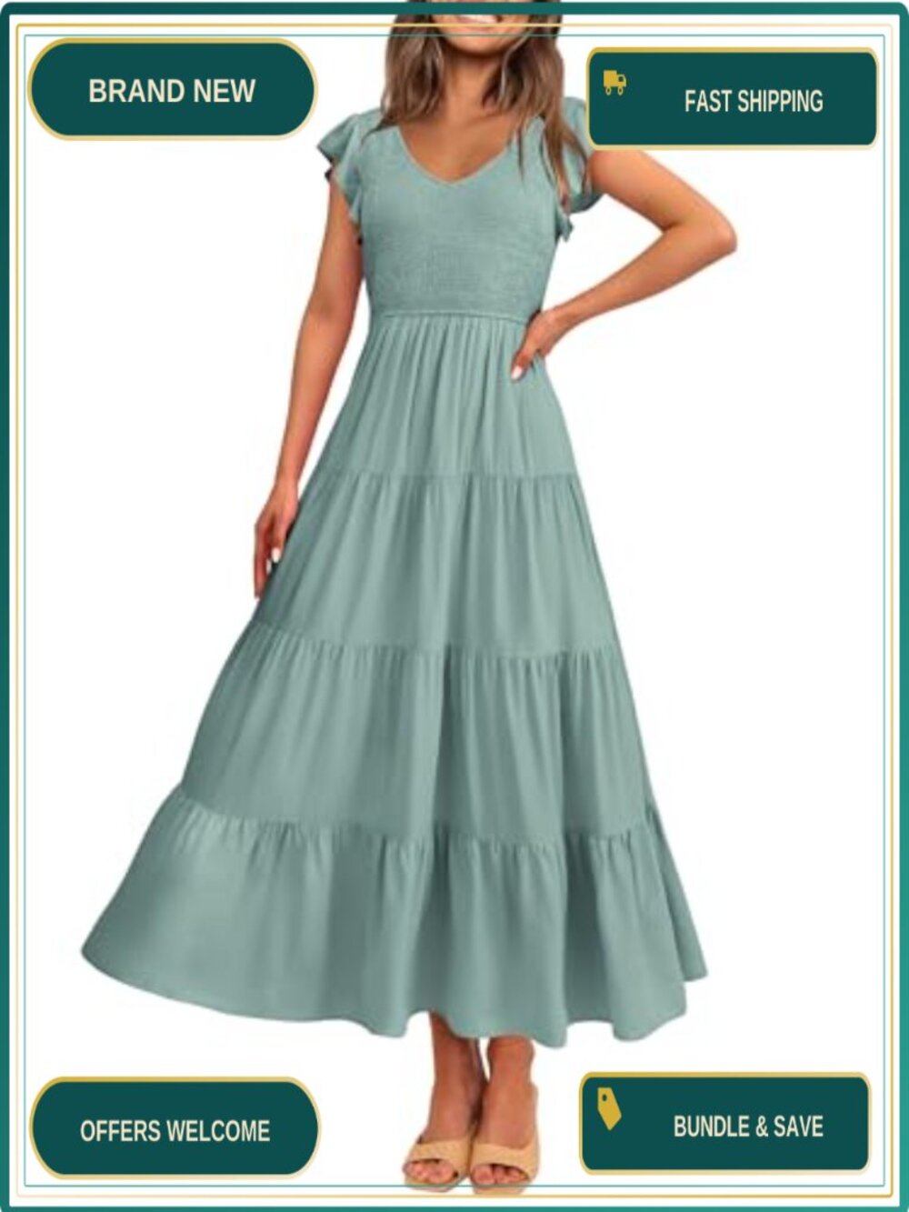 Women's Smocked Flowy Maxi Dress V-Neck Cap Sleeve Summer Boho